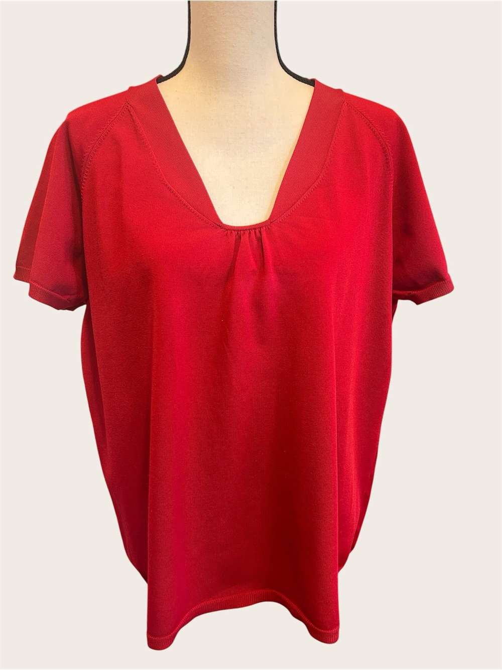 Vintage Talbots Red Smooth Knit Sweater 2X | Gathered V Neck Short Sleeve